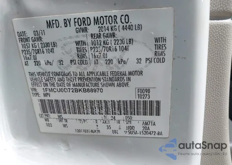2011 Ford Escape Xlt from USA, damaged, VIN 1FMCU0D72BKB88970